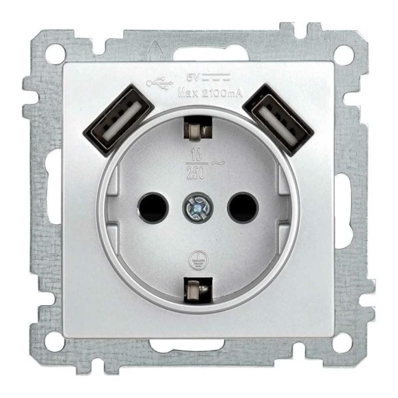 Розетка IEK РЮш10-1-Б с з/к с з/ш 16А USBх2 2,1А BOLERO серебристая ERB14-K23-16-U2