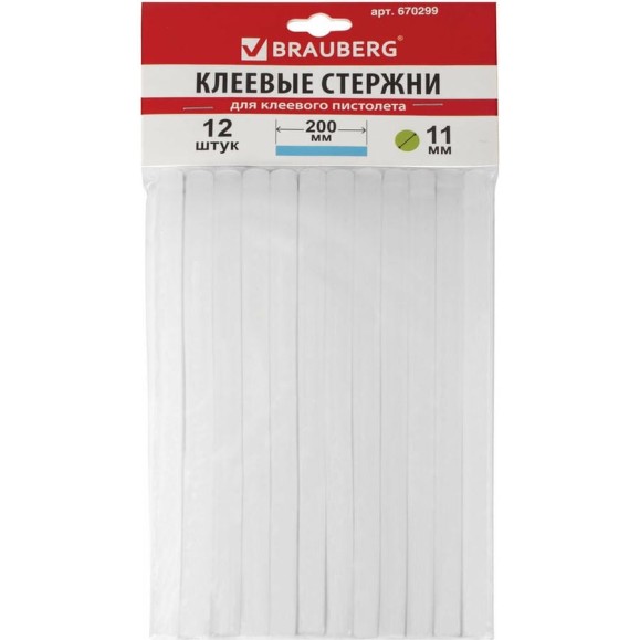Клеевые стержни (12 шт; 11х200 мм; белые) BRAUBERG 670299