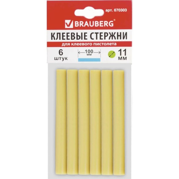 Клеевые стержни (6 шт; 11х100 мм; желтые) BRAUBERG 670303 Клеевые стержни (6 шт; 11х100 мм; желтые) BRAUBERG 670303
