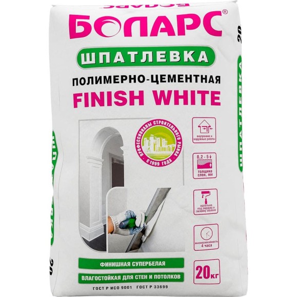 Шпатлевка полимерно-цементная БОЛАРС БелыйФиниш / FinishWhite, 20 кг 00000037752 Шпатлевка полимерно-цементная БОЛАРС БелыйФиниш / FinishWhite, 20 кг 00000037752