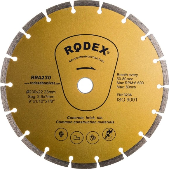 Отрезной алмазный диск сегментный универсальный 230мм RODEX RRA230