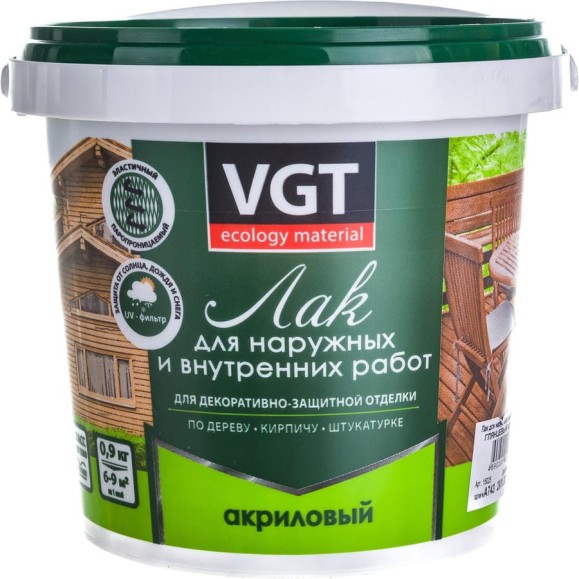 Акриловый лак VGT для наружных и внутренних работ, глянцевый, бесцветный 0,9 кг 11600826 Акриловый лак VGT для наружных и внутренних работ, глянцевый, бесцветный 0,9 кг 11600826