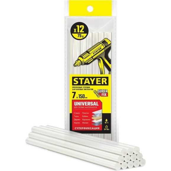 Прозрачные универсальные клеевые стержни STAYER Universal 12 шт, 7х150 мм 06817-12 Прозрачные универсальные клеевые стержни STAYER Universal 12 шт, 7х150 мм 06817-12
