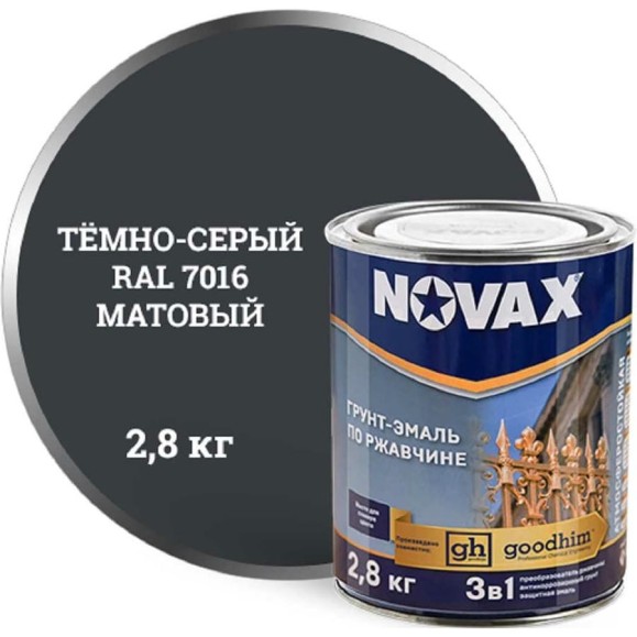 Грунт-эмаль по металлу Goodhim 3в1 novax темно-серый RAL 7016 матовая, 3 л. 2,8кг 11035