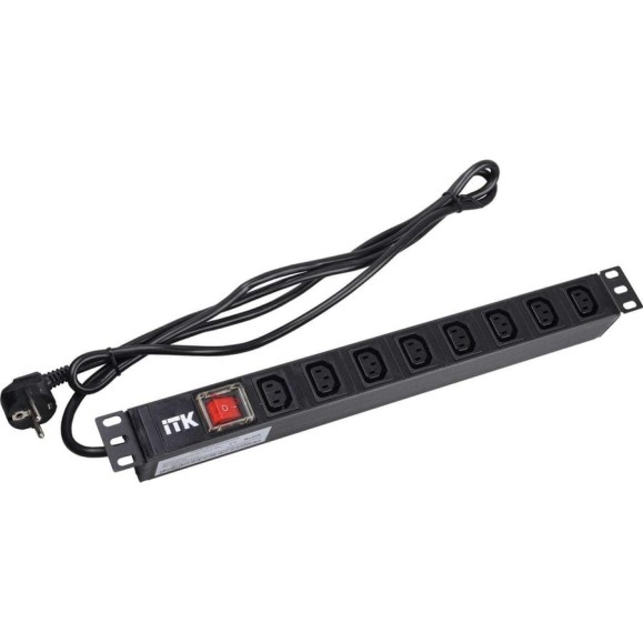 Розеточный блок IEK ITK PDU 8 розеток C13 с LED выкл,1U, шнур 2м вилка нем.ст PH12-8C131