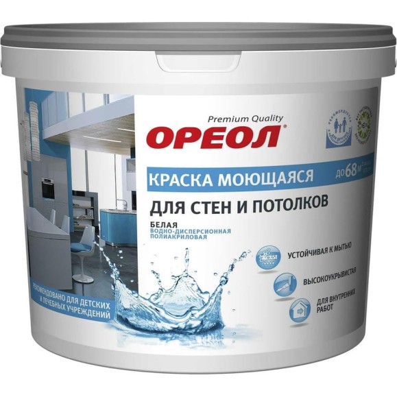 Краска для стен и потолков Ореол ВД (белая; моющаяся; полиакриловая; для внутренних работ; 1.5 кг) 65005 Краска для стен и потолков Ореол ВД (белая; моющаяся; полиакриловая; для внутренних работ; 1.5 кг) 65005
