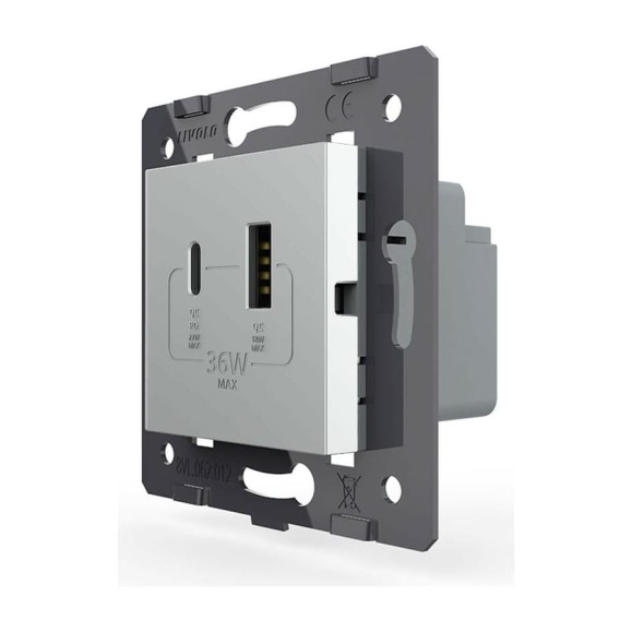 Розетка USB type C+A LIVOLO с блоком питания 36W, цвет серый (механизм) VL-FCUA18W.UC18W-2IP Розетка USB type C+A LIVOLO с блоком питания 36W, цвет серый (механизм) VL-FCUA18W.UC18W-2IP