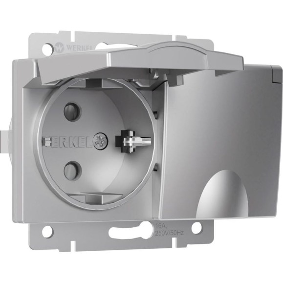 Двойная влагозащищенная розетка WERKEL W1172206 с заземлением с защитными крышками и шторками серебряный a057285