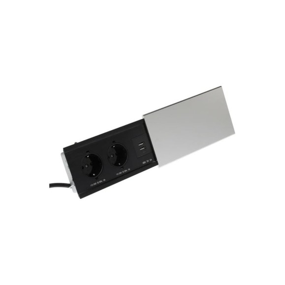 Розеточный блок в стол СИМАЛЕНД, сдвижная крышка, 10А, 2 розетки, 2xUSB, 2A, провод 1.8 м, серебристый 7451034