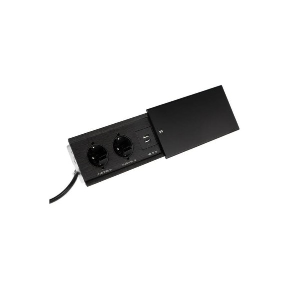 Розеточный блок в стол СИМАЛЕНД, сдвижная крышка, 10А, 2 розетки, 2xUSB, 2A, провод 1.8 м, черный 7451036