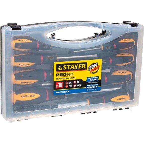 Набор отверток STAYER PROFESSIONAL PROTech Cr-Mo, отвертки 7шт, отвертка-битодержатель, биты 10шт 25133-H8_z02