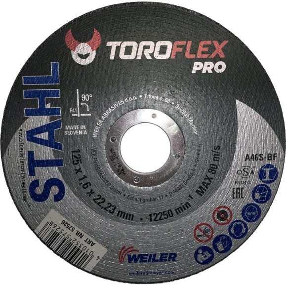 Круг отрезной по стали F41 125х1.6х22.23 мм, А46S-BF PRO TOROFLEX 4010352575268 Круг отрезной по стали F41 125х1.6х22.23 мм, А46S-BF PRO TOROFLEX 4010352575268