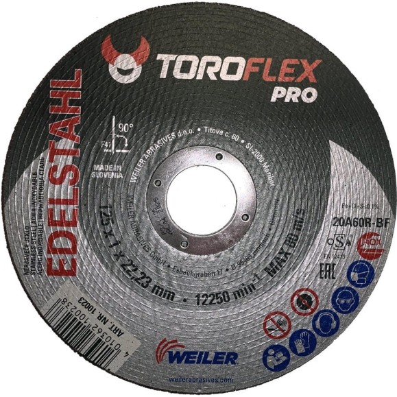Круг отрезной по нержавеющей стали F41 125х1.0х22.23 мм, 20A60R-BF PRO TOROFLEX 4010362100238 Круг отрезной по нержавеющей стали F41 125х1.0х22.23 мм, 20A60R-BF PRO TOROFLEX 4010362100238