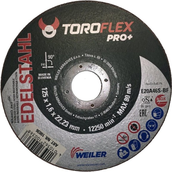 Круг отрезной по нержавеющей стали F41 125х1.6х22.23 мм, E20A46S-BF PRO+ TOROFLEX 4010362100368 Круг отрезной по нержавеющей стали F41 125х1.6х22.23 мм, E20A46S-BF PRO+ TOROFLEX 4010362100368