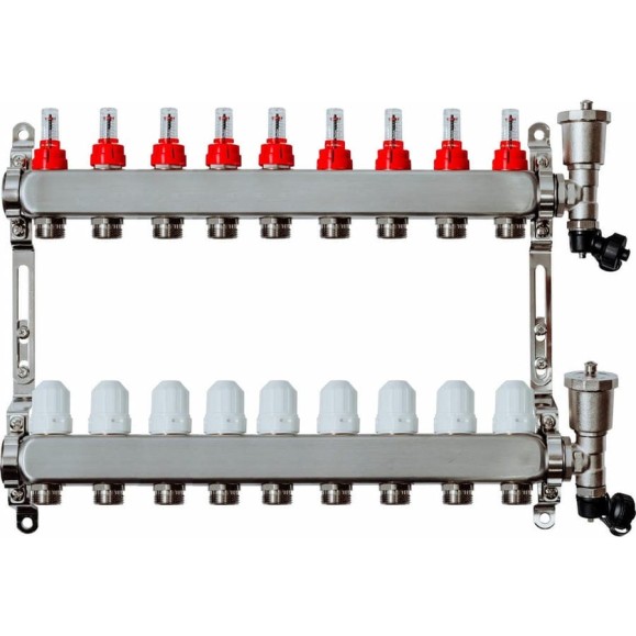 Коллекторная группа с расходомерами Grosetto 1"x3/4", 9 выходов, нержавеющая сталь, 10 бар, универсальный кронштейн 2042996 Gr-9 AVR