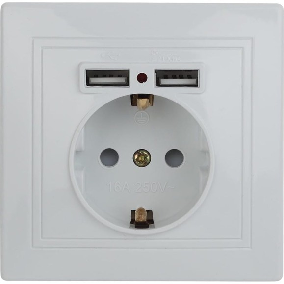 Розетка Intro Plano с заземлением 2P+E Schuko со шторками, 2хUSB 5В-2,1А, IP20, СУ, белый, Б0053942