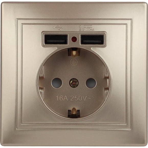 Розетка Intro Plano с заземлением 2P+E Schuko со шторками, 2хUSB 5В-2,1А, IP20, СУ, шампань, Б0053945