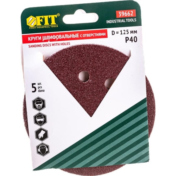 Круги шлифовальные 5 шт. (125 мм; Р40; 8 отверстий) FIT IT 39662 Круги шлифовальные 5 шт. (125 мм; Р40; 8 отверстий) FIT IT 39662