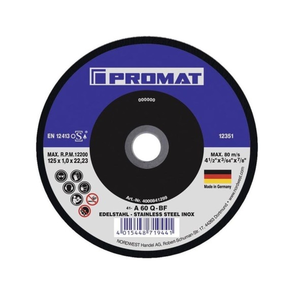 Круг отрезной INOX 125x1.0x22.23 мм PROMAT 4000841299 Круг отрезной INOX 125x1.0x22.23 мм PROMAT 4000841299