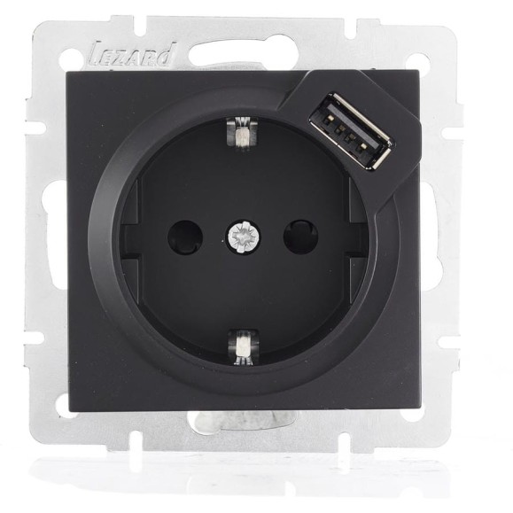 Розетка Lezard VESNA с/з + USB разъём чёрный бархат 742-4288-181