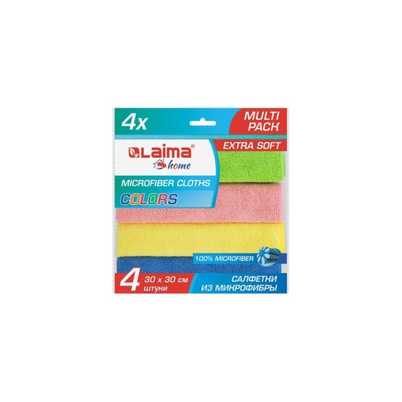 Салфетка из плотной микрофибры LAIMA MULTI PACK PRO COLOUR 30, 30x30 см, комплект 4 шт. 607792