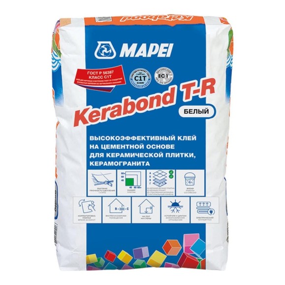 Цементный клей MAPEI KERABOND T для керамической плитки, белый, 25 кг, класс C1T 20911
