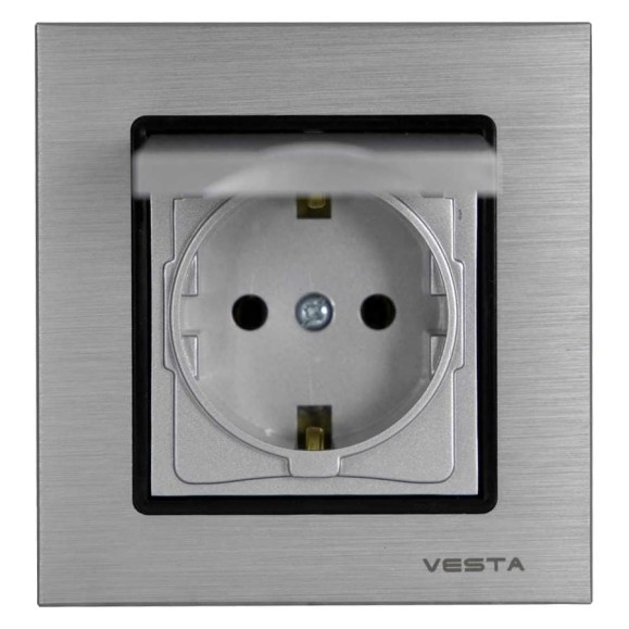 Розетка Metronex Electric Exclusive Silver Metallic одинарная с заземлением с крышкой FRZ00041013SER