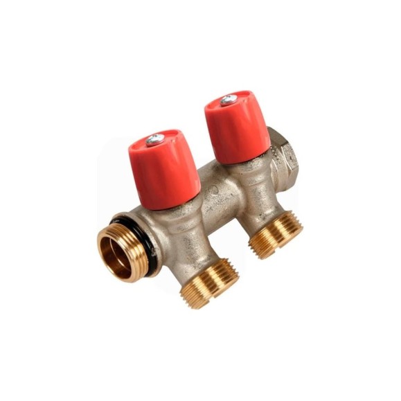 Коллектор HENCO VBS с красными вентилями, 3/4"НР под евроконус, 3/4" - 2xEK VBS050502-RO