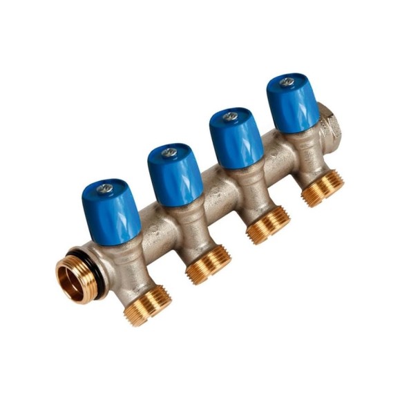 Коллектор HENCO VBS с синими вентилями, 3/4" НР под евроконус, 3/4" - 4xEK VBS050504-BL