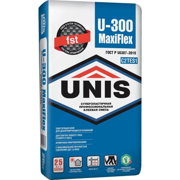 Плиточный клей UNIS U-300 MaxiFlex 25 кг, С2ТЕS1 4607005184689 Плиточный клей UNIS U-300 MaxiFlex 25 кг, С2ТЕS1 4607005184689