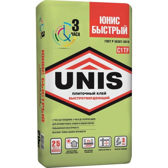 Плиточный клей UNIS Быстрый 20 кг, класс С1ТF 4607005184542