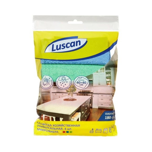 Хозяйственные салфетки Luscan микрофибра 40x40 см 180 г кв.м 4 штуки в упаковке 957394