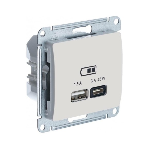 Розетка USB Systeme Electric GLOSSA A + тип-C 45W высокоскор.заряд. QC, PD, механизм, БЕЖЕВЫЙ GSL000229