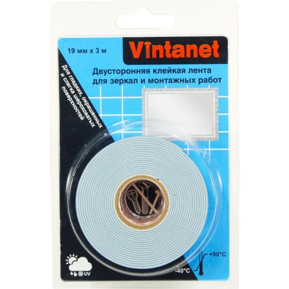 Двусторонняя клейкая лента для зеркал и монтажных работ Vintanet VN819, 19 мм х 3 м VN819193 Двусторонняя клейкая лента для зеркал и монтажных работ Vintanet VN819, 19 мм х 3 м VN819193