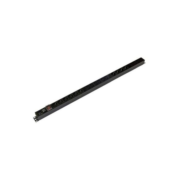 Блок розеток Hyperline вертикальный, 10 розеток Schuko, 10 розеток IEC320 C13, выключатель с подсветкой, без кабеля питания, вxодной разъем IEC320 C20 16A, 250В, корпус алюминий, черный 4709