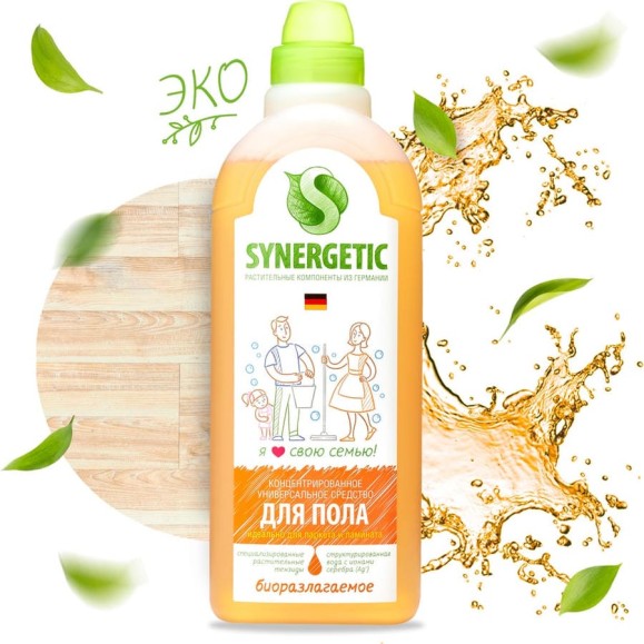 Средство для мытья пола и поверхностей SYNERGETIC 1 л, c дезинфицирующим эффектом, биоразлагаемое 605555 101100
