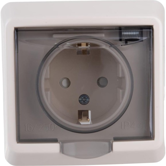 Розетка Systeme Electric 1-м СП Этюд защитные шторки, с заземлением, IP44, кремовая PC16-044K