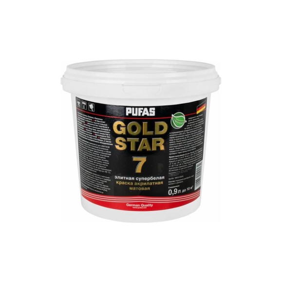 Акрилатная краска Pufas GOLD STAR 7 супербелая мат. Основа А мороз. 0,9 л, 1,2 кг тов-169020 Акрилатная краска Pufas GOLD STAR 7 супербелая мат. Основа А мороз. 0,9 л, 1,2 кг тов-169020