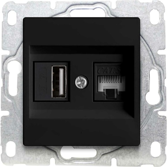 Розетка Metronex Electric Roma USB + LAN двойная без рамки Черная FRZ00050208BEL