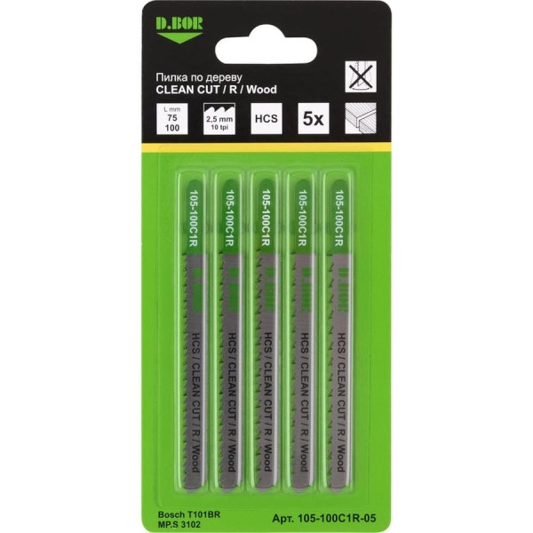 Пилки по дереву 75/100 мм, 2.5 мм, HCS, CLEAN CUT, R, Wood, 5 шт D.BOR D-105-100C1R-05
