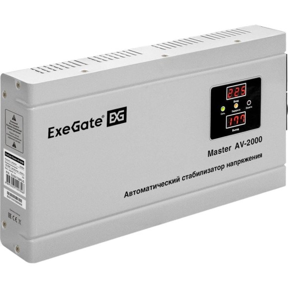 Стабилизатор напряжения ExeGate Master AV-2000 2000ВА, 140-260В, цифр. индикация входного/выходного напряжения, 220В-8, КПД 98%, 5 уровней защиты, задержка, металлический корпус 291739