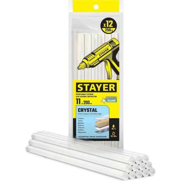 Прозрачные универсальные клеевые стержни STAYER Crystal 11х200 мм, 12 шт 0682-12 Прозрачные универсальные клеевые стержни STAYER Crystal 11х200 мм, 12 шт 0682-12