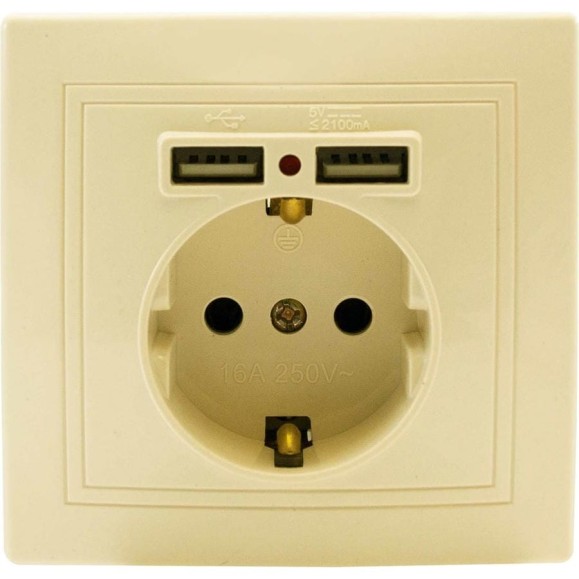 Розетка 1 гнездо Jilion с заземлением с USB, бежевый 9533167 Розетка 1 гнездо Jilion с заземлением с USB, бежевый 9533167
