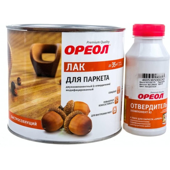 Лак для паркета Ореол (двухкомпонентный; с отвердителем; модифицированный; для внутренних работ; 1.776 кг) 6263 Лак для паркета Ореол (двухкомпонентный; с отвердителем; модифицированный; для внутренних работ; 1.776 кг) 6263