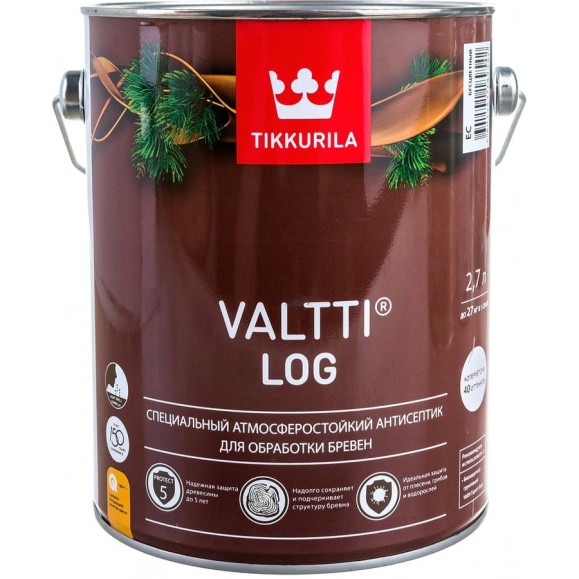 Антисептик Tikkurila VALTTI LOG специальный для бревен, атмосферостойкий, бесцветный 2,7л 51836 700010346 Антисептик Tikkurila VALTTI LOG специальный для бревен, атмосферостойкий, бесцветный 2,7л 51836 700010346