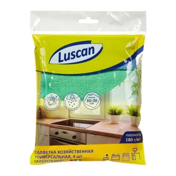 Хозяйственные салфетки Luscan универсальные, микрофибра, 180 г., 30x30 см., 4шт/уп 957393 Хозяйственные салфетки Luscan универсальные, микрофибра, 180 г., 30x30 см., 4шт/уп 957393