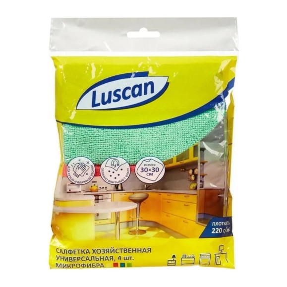 Хозяйственные салфетки Luscan универсальные, микрофибра, 220 г., 30x30 см., 4 шт/уп 957396