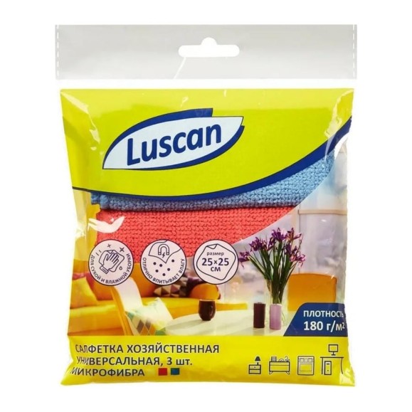 Хозяйственные салфетки Luscan микрофибра, 180 г., 25x25 см., 3 шт/уп., синий, красный, желтый 957392 Хозяйственные салфетки Luscan микрофибра, 180 г., 25x25 см., 3 шт/уп., синий, красный, желтый 957392