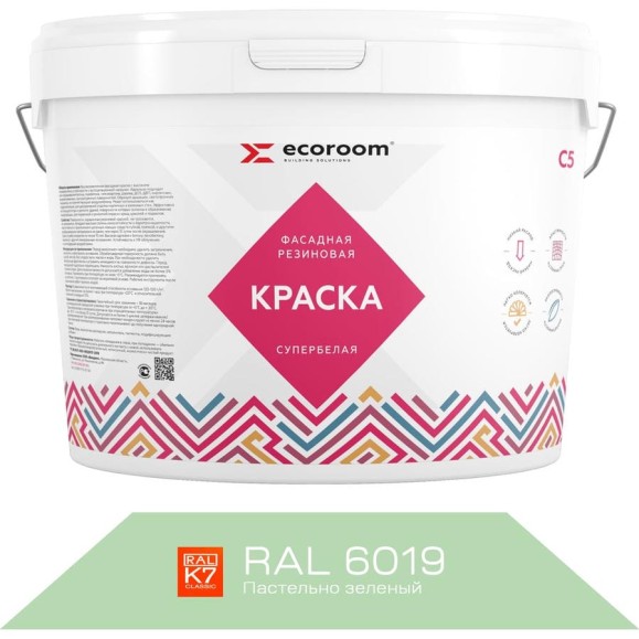 Фасадная резиновая краска ECOROOM RAL 6019 пастельно-зеленый, 14 кг Е-Кр -119/6019 Фасадная резиновая краска ECOROOM RAL 6019 пастельно-зеленый, 14 кг Е-Кр -119/6019
