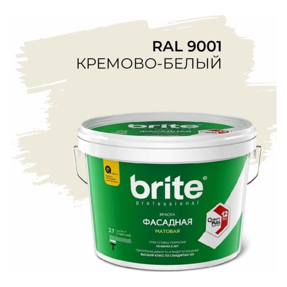 Фасадная колерованная краска BRITE PROFESSIONAL кремово-белая RAL 9001, матовая, ведро 2.7 л/4 кг О05677 Фасадная колерованная краска BRITE PROFESSIONAL кремово-белая RAL 9001, матовая, ведро 2.7 л/4 кг О05677